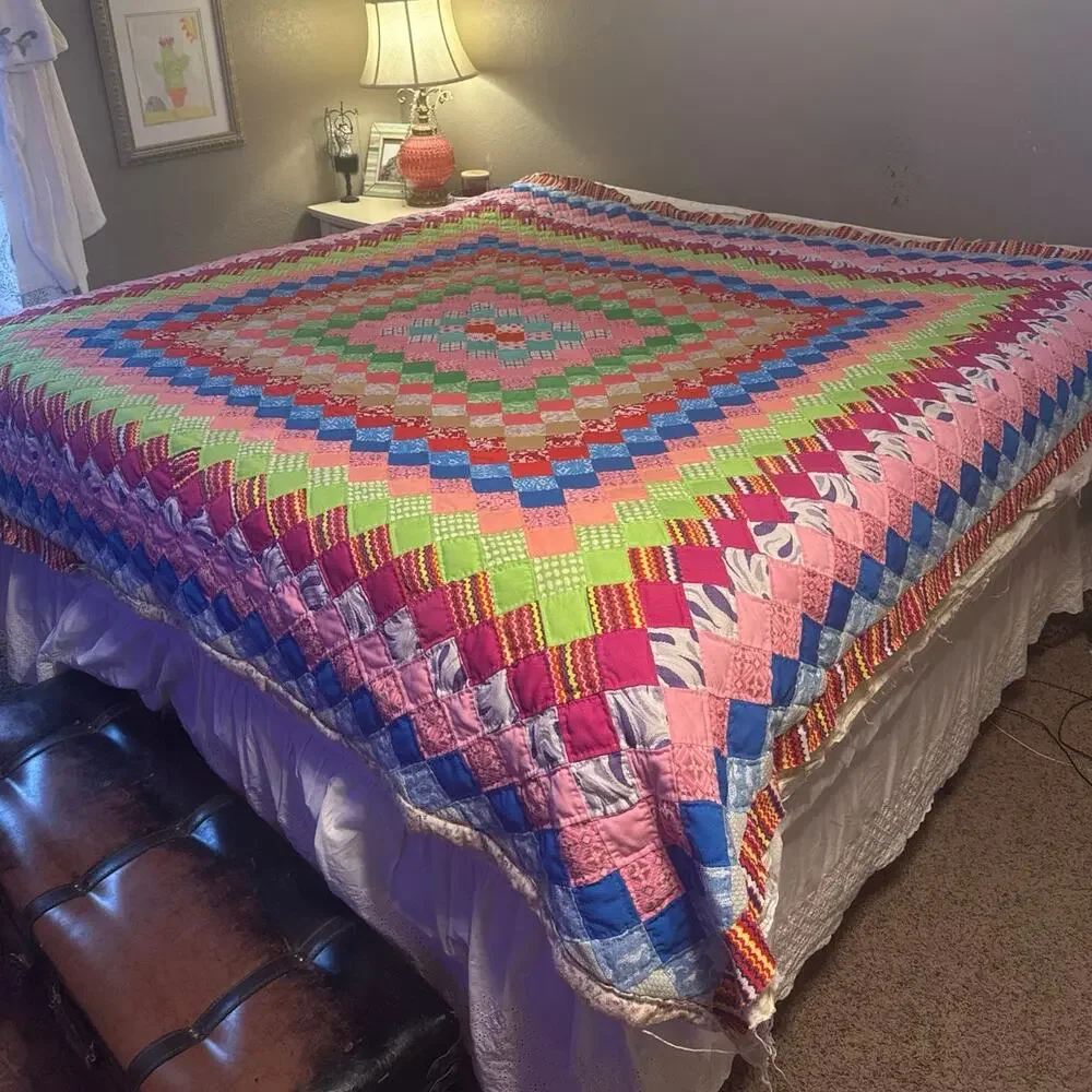 Vintage Trip Around The World Patchwork Quilt Brightly Colored King